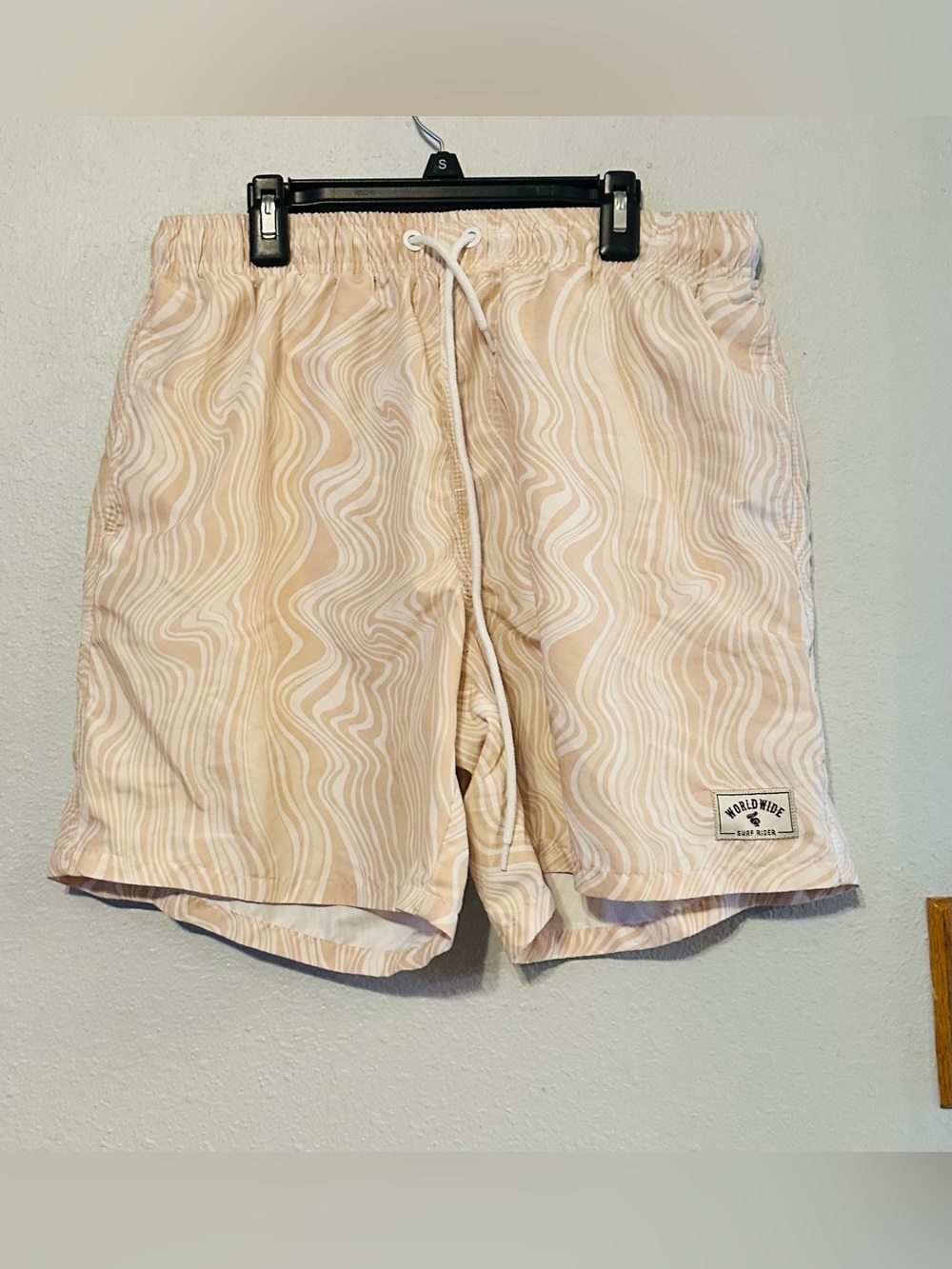 MANNFINITY Beige & White Swirl Swim Trunks Men size MEDIUM